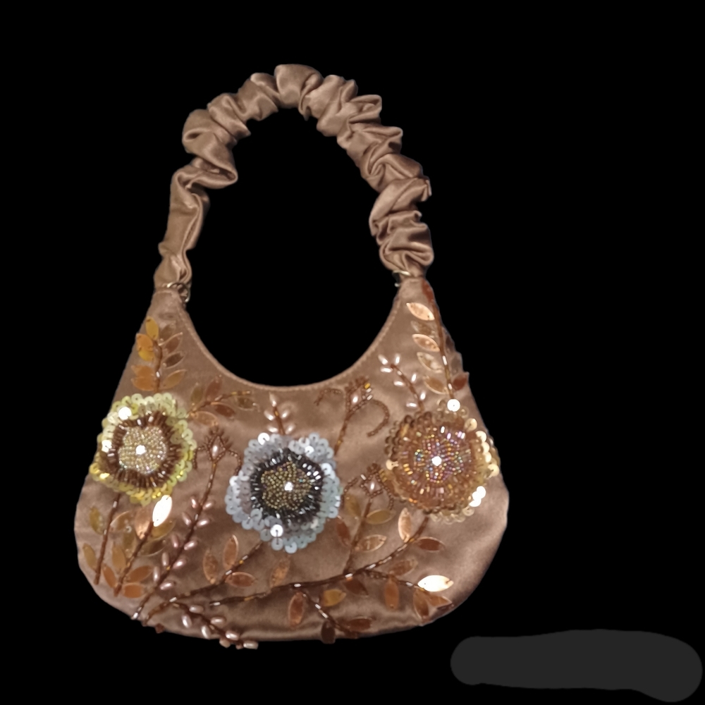 BOHO mini evening purse hobo style bag with sequins and beads  brown sat…